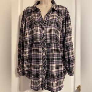 Torrid Purple Black Plaid Babydoll Button Up Tunic 1X Grunge Y2K Whimsigoth Boho